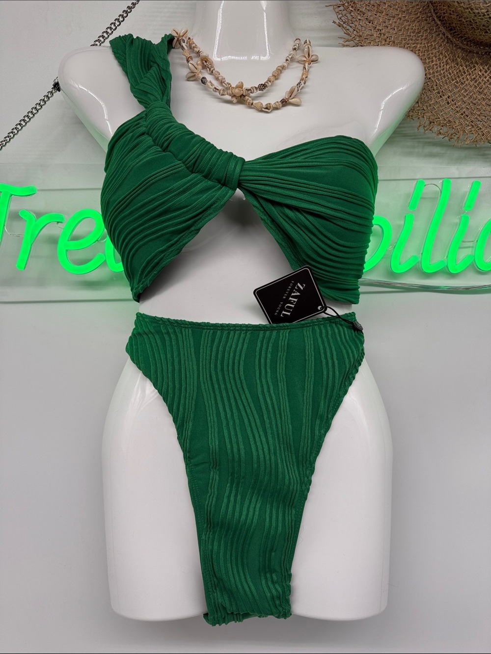 Zaful Emerald Green Ribbed Twist One-Shoulder Bikini Set